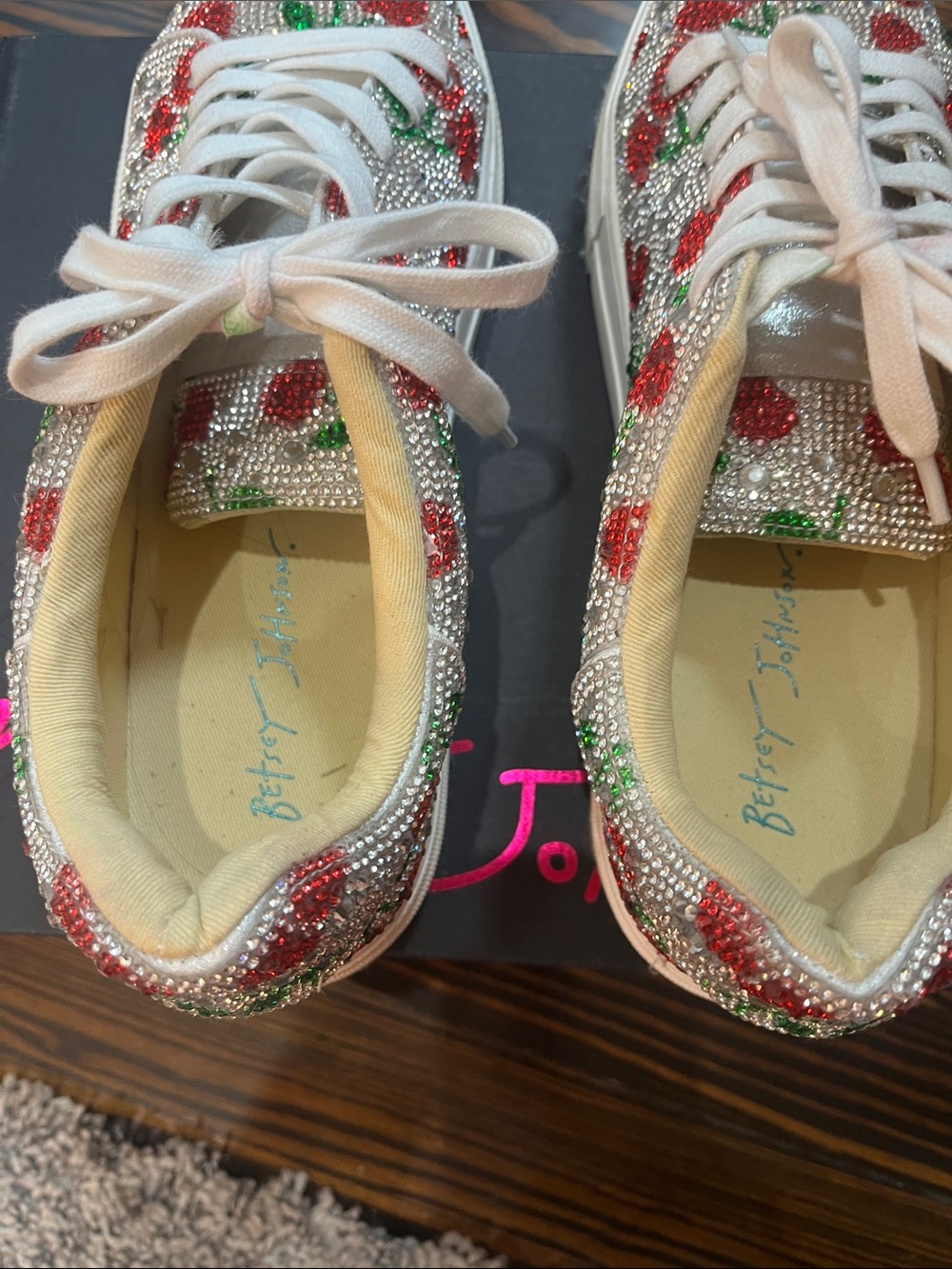 Betsey Johnson Crystal Cherry Embellished Sneakers - White/Red/Green - Picture 5 of 12